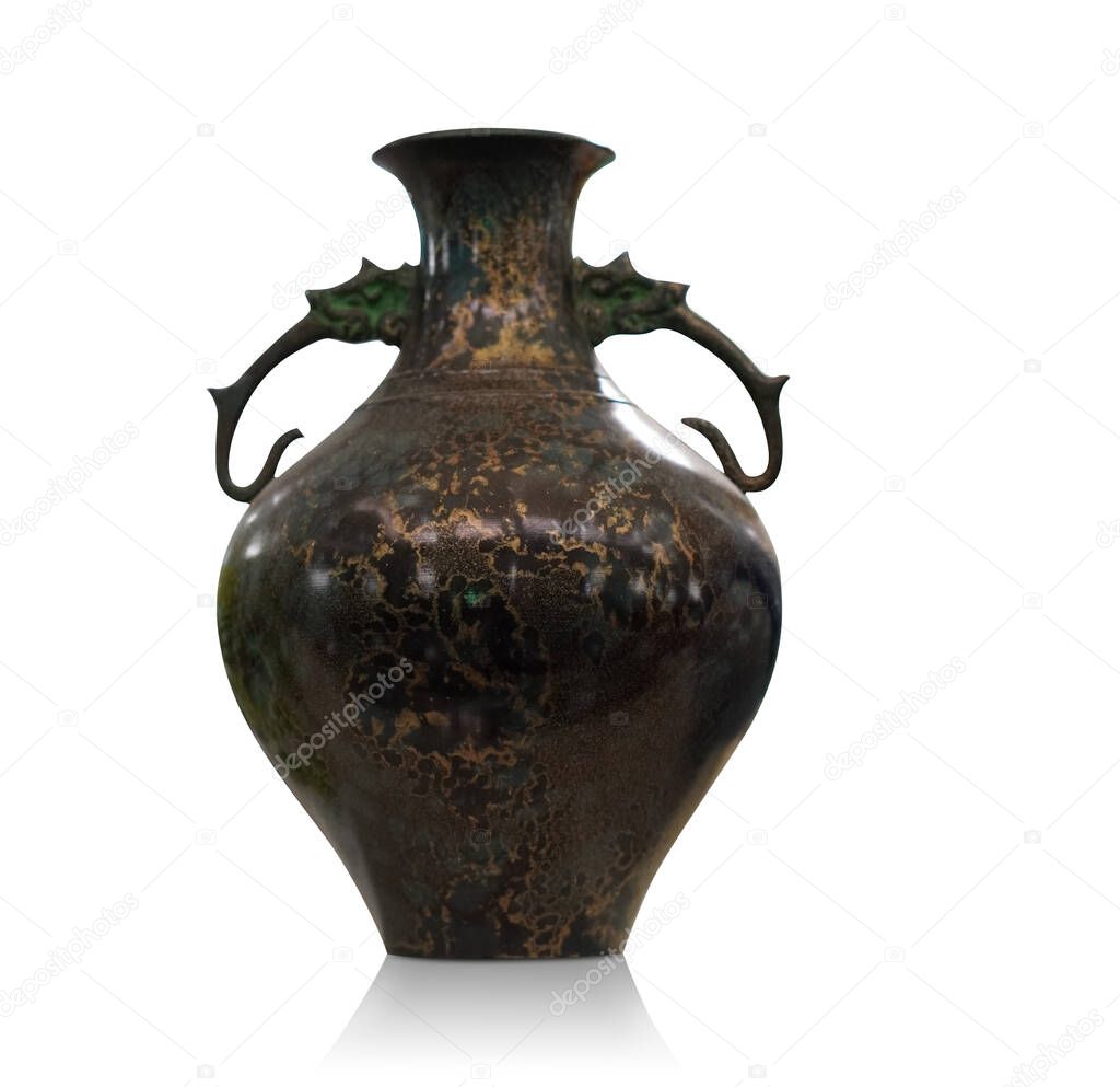 old and dirty brown and gold ceramic vase on isolated background, object, decor, home, house, vintage, ancient, copy space