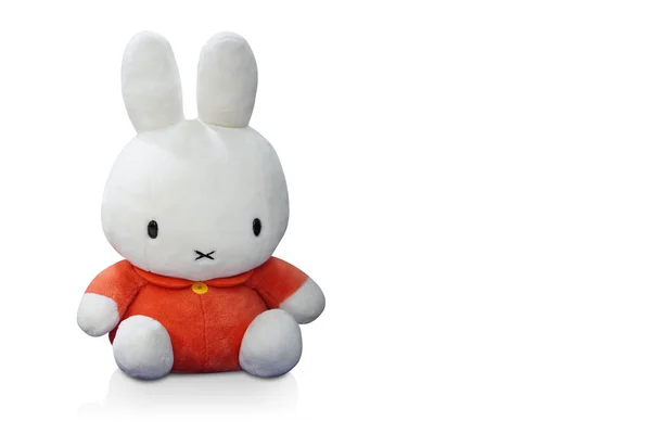 Beautiful White Rabbit Doll Wear Orange Dressed Sitting White Background —  Fotos de Stock
