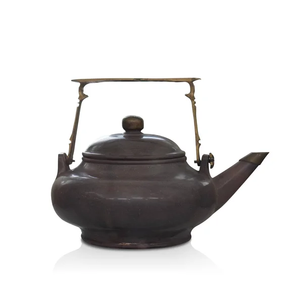 Side View Antique Chocolate Ceramic Kettle Brass Handle White Background — Zdjęcie stockowe