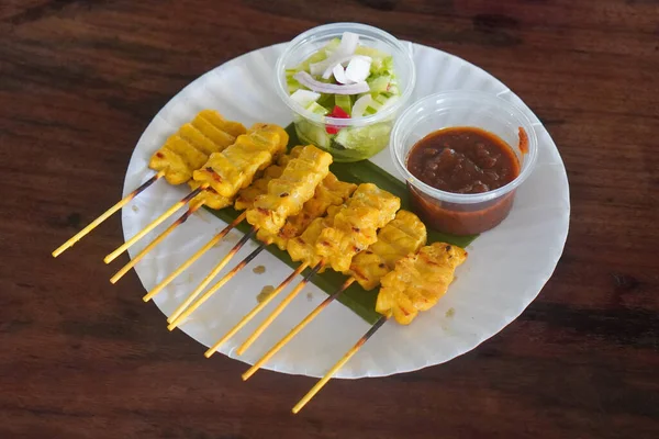 Top View Ten Sticks Pork Satay Dipping Sauce Placed Banana — стоковое фото