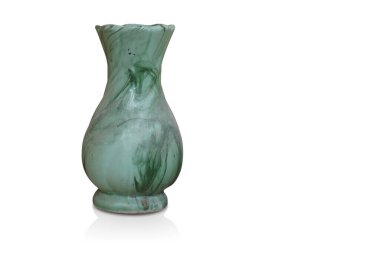 old and dirty green ceramic vase on white background, object, decor, template, copy space