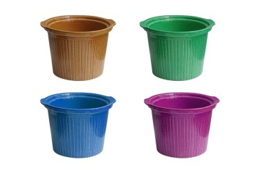 four colors ceramic pot on white background, decor, retro, vintage, object, home, house, copy space   