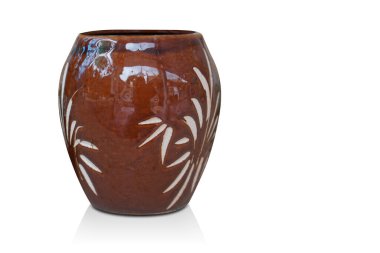 small brown and white ceramic jar on white background, decor, retro, vintage, object, home, house, copy space   