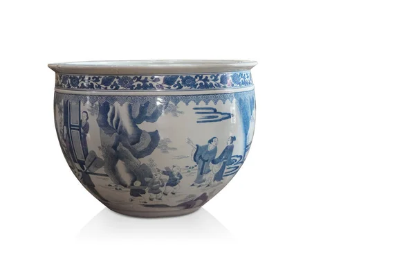 Antique Blue White Big Ceramic Pot White Background Decor Retro — Stock Photo, Image