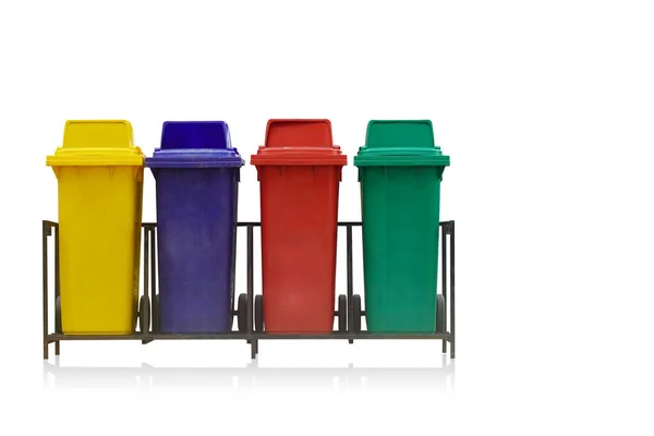 Front View Four Color Plastic Trash Old Steel Can White — Stockfoto
