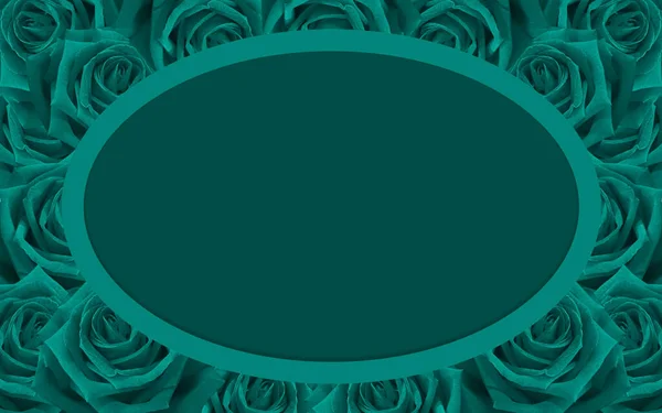 green oval frame on green roses flower background, card, name card, banner, template, decor, copy space