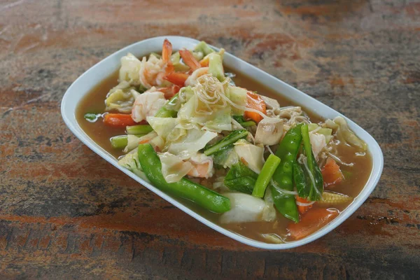 Top View Stir Fried Mixed Vegetables Oyster Sauce Shrimp Blue — Zdjęcie stockowe