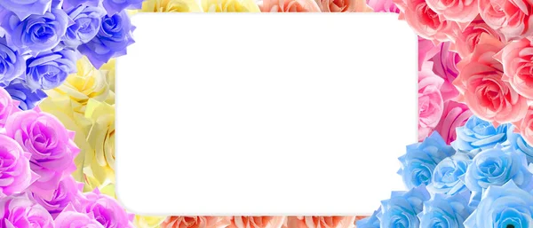white rectangle in the middle, on six colors rose flower background, nature, decor, banner, vintage, copy space