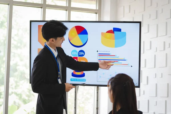 Business people in formal suit meeting with team coworker presentation with graph and chart in modern meeting room.