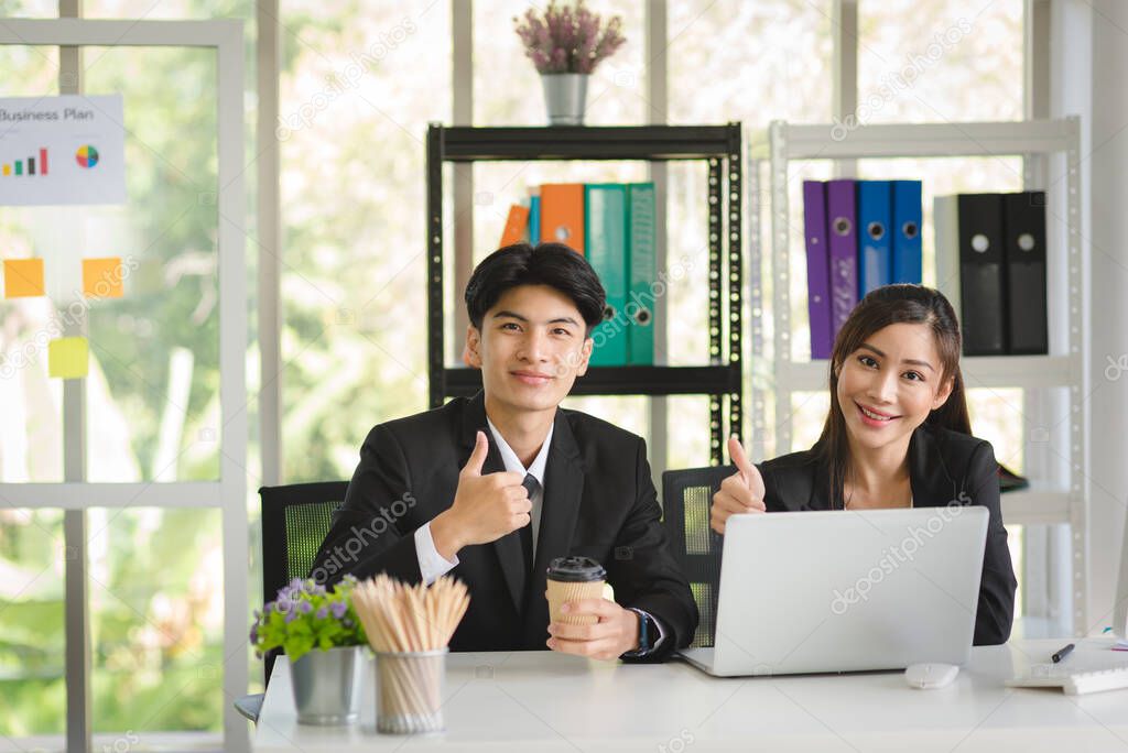 Business man and woman people in formal suit working and brainstorming with colleagues or boss manager in modern workplace office.