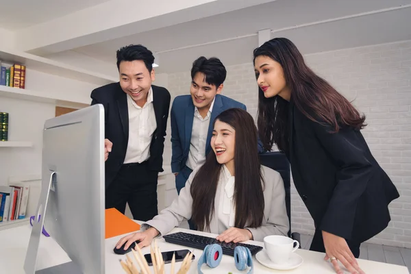 Business Asian people in formal outfit working together and brainstorming in modern office workplace.