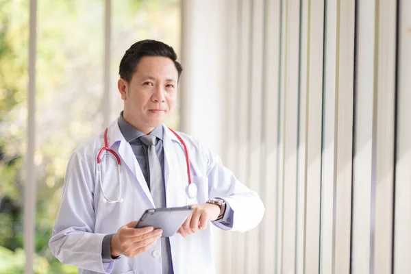 Asian Doctor Man Portrait Professional Uniform Standing Smile Confidence — Stock Fotó