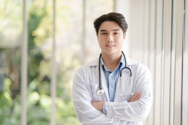 Asian Doctor Man Portrait Professional Uniform Standing Smile Confidence — Stock Fotó