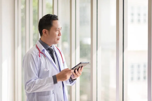 Asian Doctor Man Portrait Professional Uniform Standing Smile Confidence — Stok fotoğraf