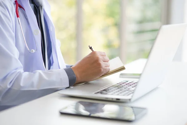 Asian Doctor Man White Professional Lab Coat Uniform Sitting Using — Zdjęcie stockowe