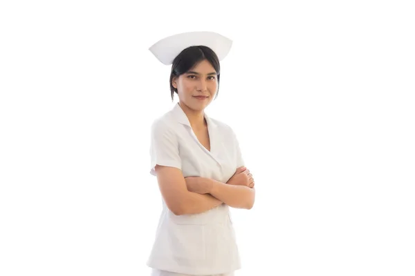 Asian nurse woman portrait in professional uniform standing with smile and confidence isolated in white background.