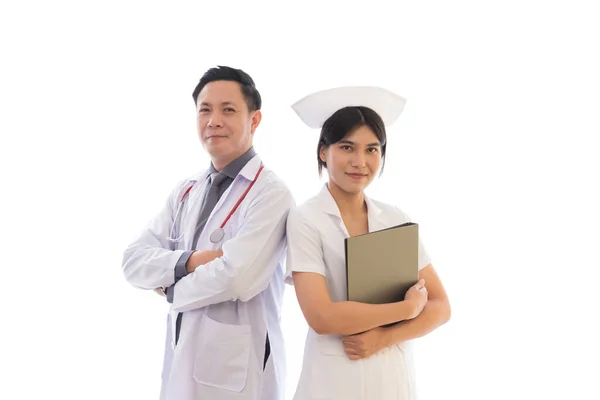 Asian doctor people portrait in professional uniform standing with smile and confidence isolated in white background.