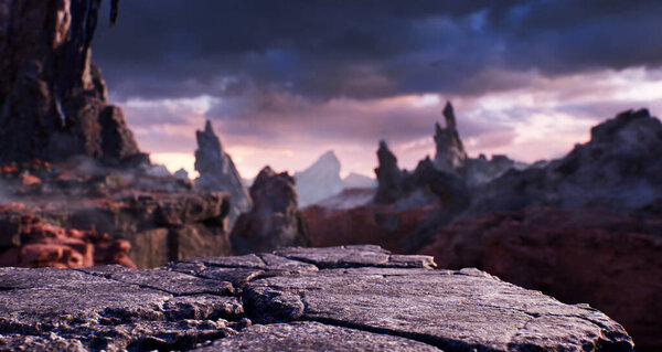 The mystical dark world of rocks. Cinematic view. 3d render