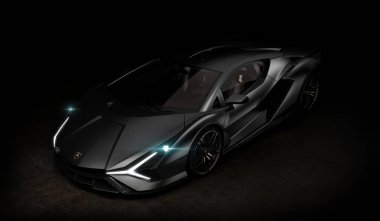 Almaty, Kazakistan - Ocak 10.2022: Lamborghini Sian FKP 63 spor araba koyu arka planda, 3D renkte