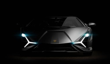 Almaty, Kazakistan - Ocak 10.2022: Lamborghini Sian FKP 63 spor araba koyu arka planda, 3D renkte
