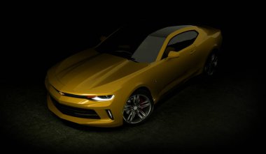 Almaty, Kazakistan - Ocak 10.2022: Chevrolet Camaro güzellik stüdyo çekimleri koyu arkaplanda, 3D