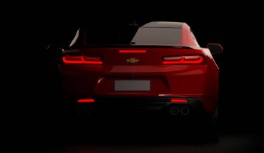 Almaty, Kazakistan - Ocak 10.2022: Chevrolet Camaro güzellik stüdyo çekimleri koyu arkaplanda, 3D
