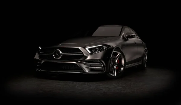 Almaty, Kazakistan - Ocak 10.2022: Mercedes-Benz AMG CLS 53 4MATIC Stüdyoları siyah arka planda. 3d hazırlayıcı