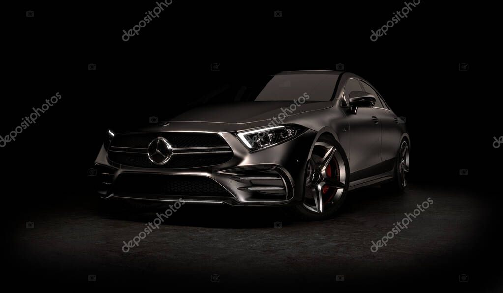 Almaty, Kazakhstan - Jan 10.2022: Mercedes-Benz AMG CLS 53 4MATIC studio shots on black background. 3d render