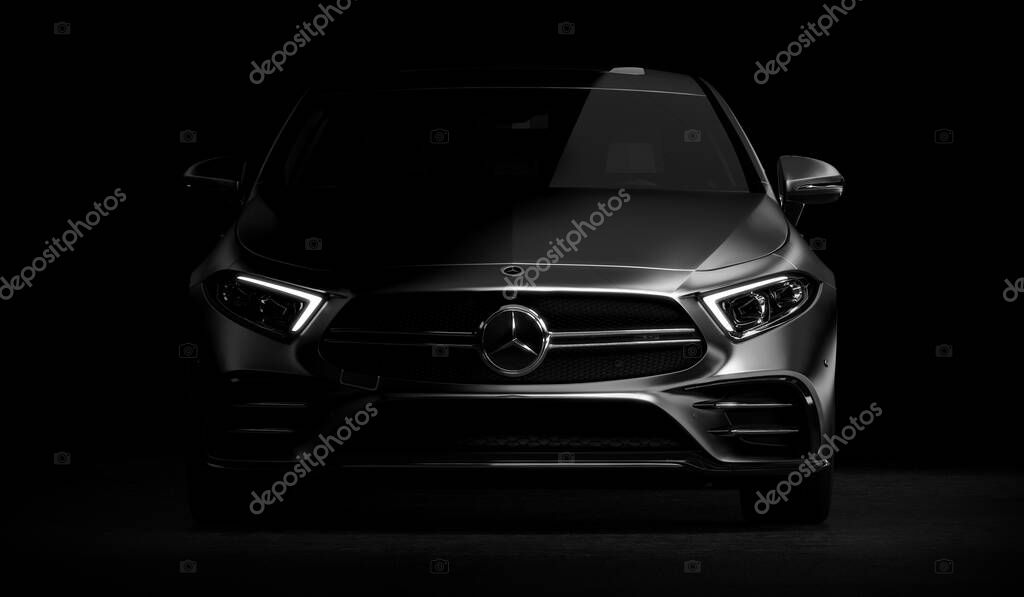 Almaty, Kazakhstan - Jan 10.2022: Mercedes-Benz AMG CLS 53 4MATIC studio shots on black background. 3d render