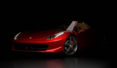 Almaty, Kazakistan - 17 Ocak 2022: Koyu arkaplanda Ferrari 458 Spider stüdyo çekimi. 3d hazırlayıcı