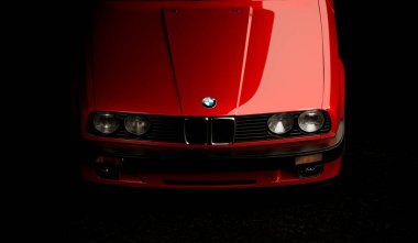 Almaty, Kazahstan - 25 Ocak 2022: Koyu arkaplanda izole edilmiş BMW M3 e30 'un ön görüntüsü. 3d hazırlayıcı