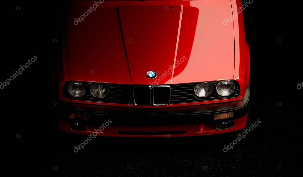 Almaty, Kazahstan - January 25th 2022: front view of the BMW M3 e30 isolated on the dark background. 3d render