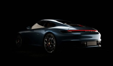 Almaty, Kazahstan - 12 Şubat 2022: Porsche 911 Carrera 'nın koyu arkaplanda pahalı spor araba güzellik fotoğrafları. 3d hazırlayıcı