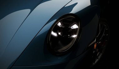 Almaty, Kazahstan - 12 Şubat 2022: Porsche 911 Carrera 'nın koyu arkaplanda pahalı spor araba güzellik fotoğrafları. 3d hazırlayıcı