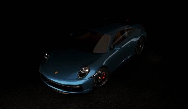 Almaty, Kazahstan - 12 Şubat 2022: Porsche 911 Carrera 'nın koyu arkaplanda pahalı spor araba güzellik fotoğrafları. 3d hazırlayıcı