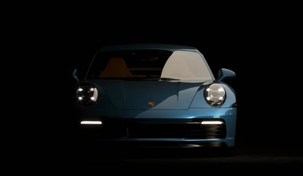 哈萨克斯坦阿拉木图 2022年2月12日 保时捷911卡雷拉S Porsche 911 Carrera 在黑暗背景下拍摄昂贵的Cport汽车美容镜头 3D渲染 — 图库照片
