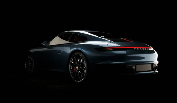 Almaty, Kazahstan - 12 Şubat 2022: Porsche 911 Carrera 'nın koyu arkaplanda pahalı spor araba güzellik fotoğrafları. 3d hazırlayıcı