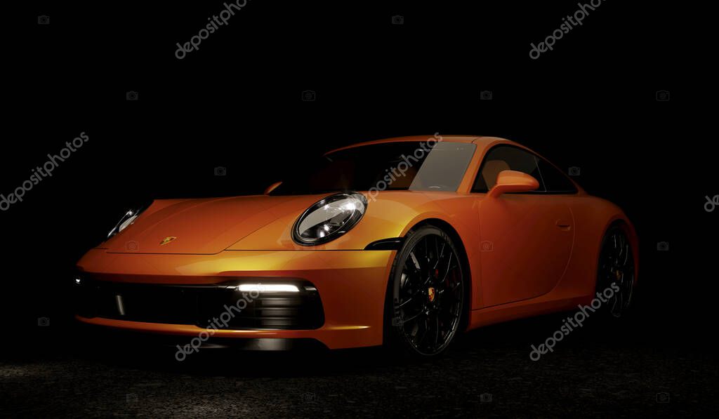 Almaty, Kazahstan - February 12th 2022: Porsche 911 Carrera S expensive cport car beauty shots on the dark background. 3d render