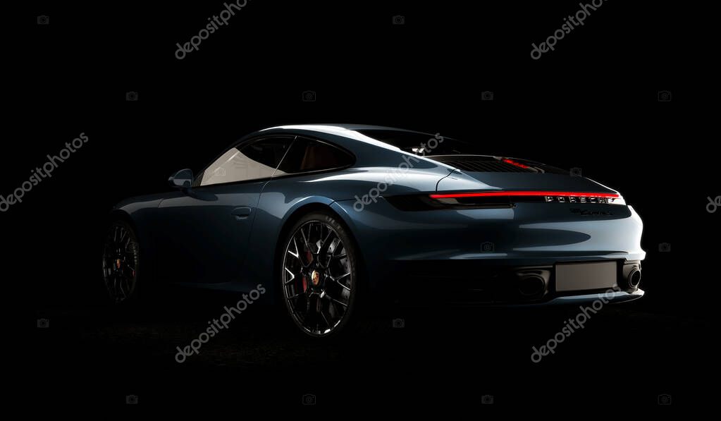 Almaty, Kazahstan - February 12th 2022: Porsche 911 Carrera S expensive cport car beauty shots on the dark background. 3d render