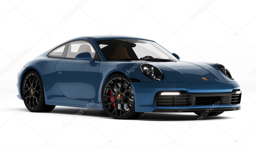 Almaty, Kazahstan - February 12th 2022: Porsche 911 Carrera S expensive cport car beauty shots on the white background. 3d render