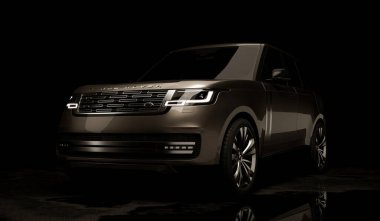 Almaty, Kazakistan - 15 Mayıs 2022: Yeni Land Rover Rover 2022 karanlık arka planda izole edildi. 3d hazırlayıcı