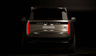 Almaty, Kazakistan - 15 Mayıs 2022: Yeni Land Rover Rover 2022 karanlık arka planda izole edildi. 3d hazırlayıcı