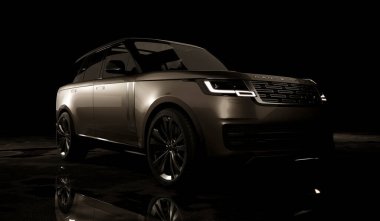 Almaty, Kazakistan - 15 Mayıs 2022: Yeni Land Rover Rover 2022 karanlık arka planda izole edildi. 3d hazırlayıcı