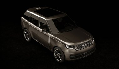 Almaty, Kazakistan - 15 Mayıs 2022: Yeni Land Rover Rover 2022 karanlık arka planda izole edildi. 3d hazırlayıcı