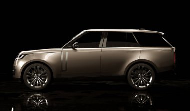 Almaty, Kazakistan - 15 Mayıs 2022: Yeni Land Rover Rover 2022 karanlık arka planda izole edildi. 3d hazırlayıcı