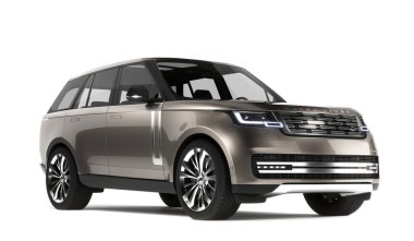 Almaty, Kazakistan - 15 Mayıs 2022: Yeni Land Rover Rover 2022 karanlık arka planda izole edildi. 3d hazırlayıcı