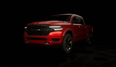Almaty, Kazakistan-Haziran 2022: Dodge RAM 1500 kamyonu koyu arkaplanda. 3d hazırlayıcı