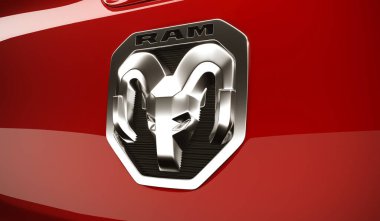 Almaty, Kazakistan-Haziran 2022: Dodge RAM 1500 kamyonu koyu arkaplanda. 3d hazırlayıcı