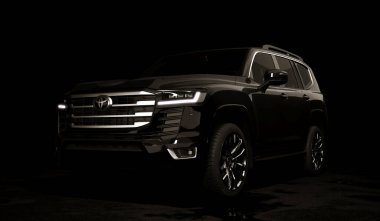 Almaty, Kazakistan - Haziran 2022: Gıcır gıcır Toyota Land Cruiser 300 koyu arka planda izole edildi. 3d hazırlayıcı