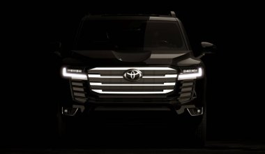 Almaty, Kazakistan - Haziran 2022: Gıcır gıcır Toyota Land Cruiser 300 koyu arka planda izole edildi. 3d hazırlayıcı